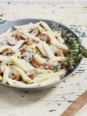 Creamy Kale & Asiago Chicken Sausage Pasta