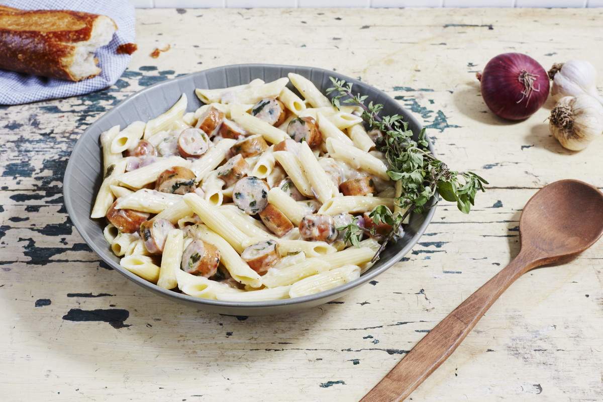 Creamy Kale & Asiago Chicken Sausage Pasta