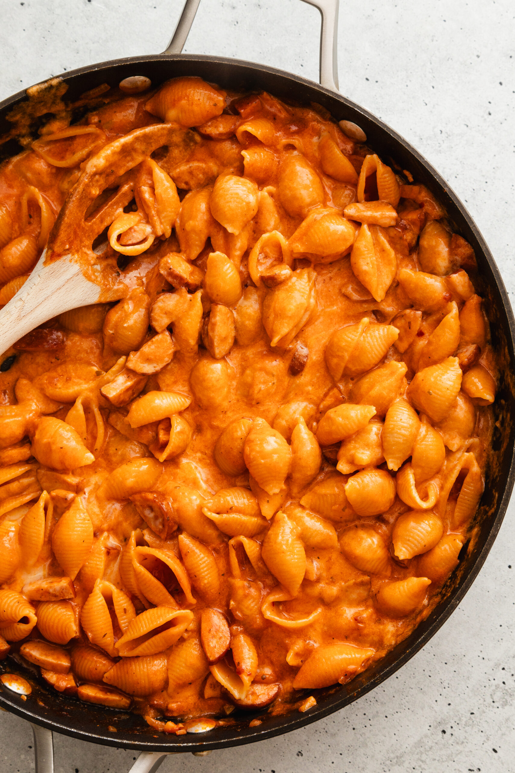 One pot cheesy pasta and tomato sauce as an easy dinner for two